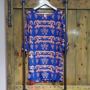 Anthropologie Blue and Orange Birdcage Long Sleeve Dress Career Wedding Guest